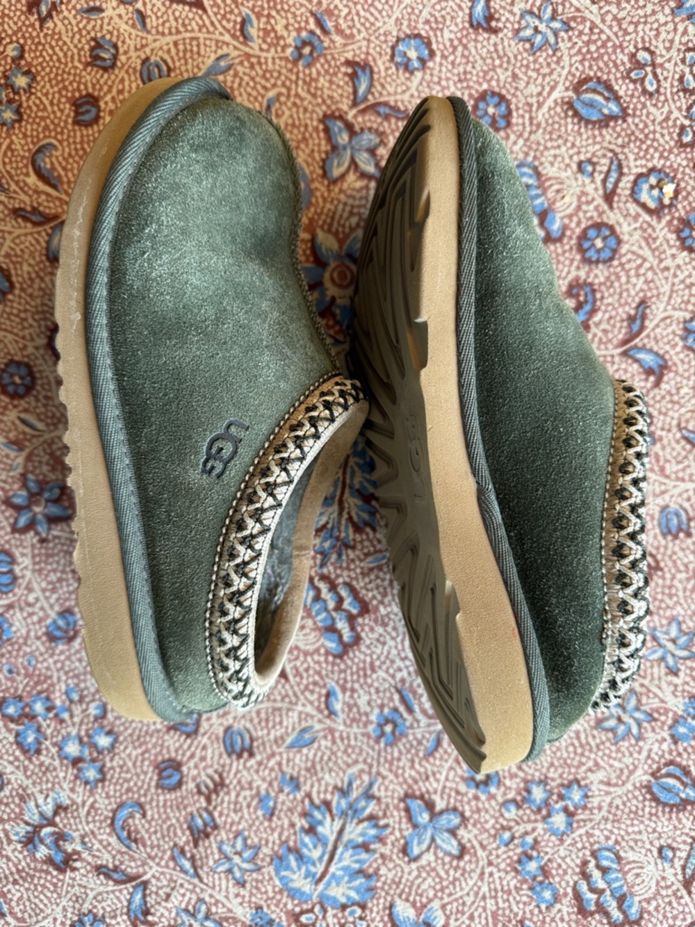UGG kids Tasman slippers in Olive Suede with Woven Trim